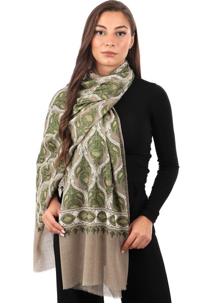 Sütlü Kahve Yeşil Taşlı Işlemeli Yün Ipek Şal