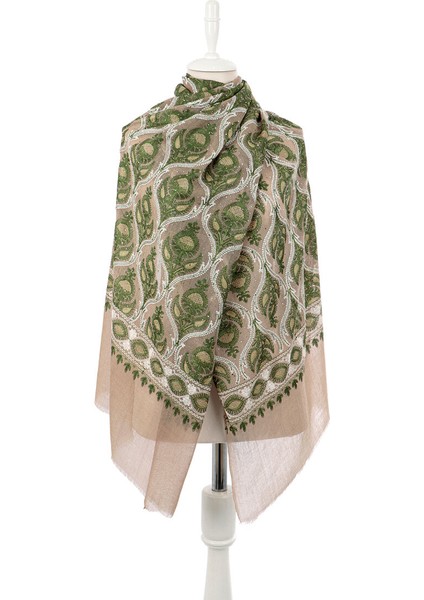 Sütlü Kahve Yeşil Taşlı Işlemeli Yün Ipek Şal fiyatları
