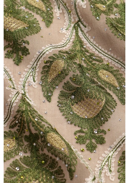 Sütlü Kahve Yeşil Taşlı Işlemeli Yün Ipek Şal fırsatları