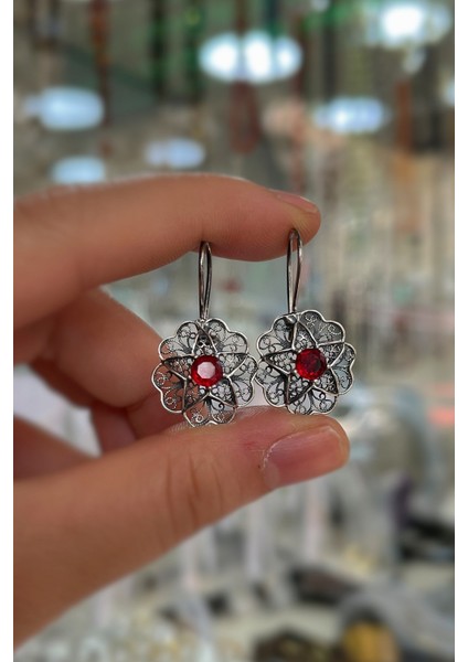 Gümüş Eskitme Kırmızı Taşlı Telkari Küpe fiyatları