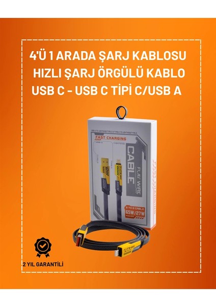 4'ü 1 Arada USB Hızlı Şarj ve Veri Kablosu – 65W Güç, Çoklu Bağlantı, 1.2m