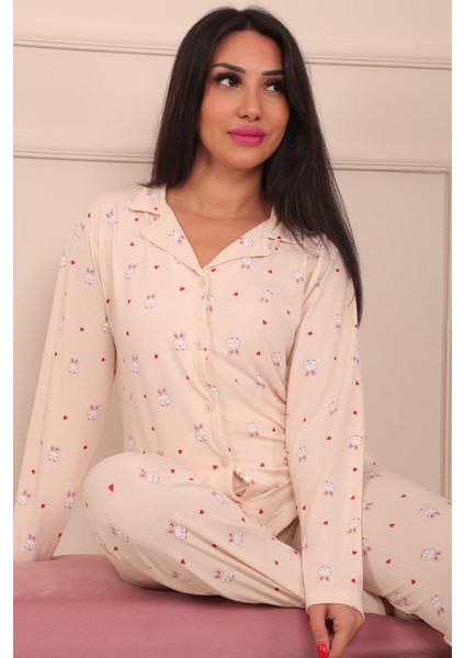 Kadın Tavşan Desenli Önü Düğmeli Uzun Kol Altı Uzun Milan Kumaş Pijama Takımı fiyatları