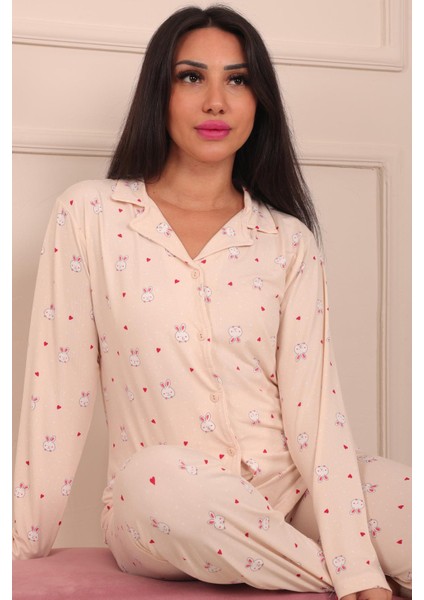 Kadın Tavşan Desenli Önü Düğmeli Uzun Kol Altı Uzun Milan Kumaş Pijama Takımı fırsatları