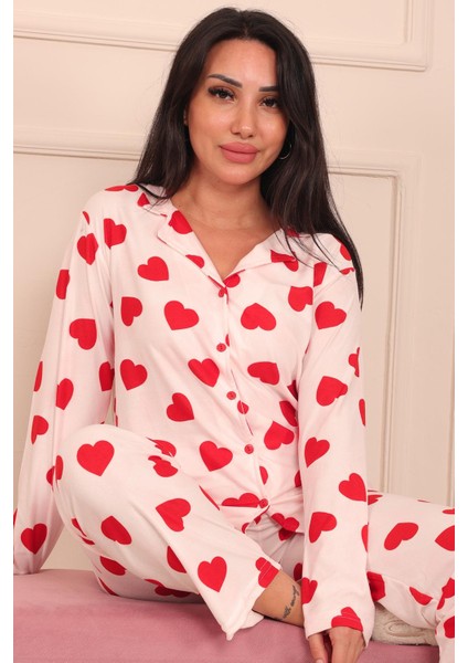 Kadın Kalp Desenli Önü Düğmeli Uzun Kol Altı Uzun Süet Pijama Takımı fiyatları