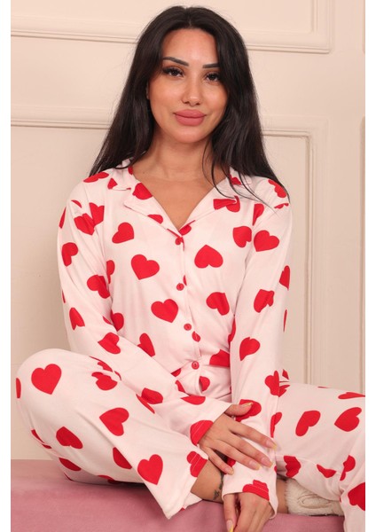 Kadın Kalp Desenli Önü Düğmeli Uzun Kol Altı Uzun Süet Pijama Takımı fırsatları