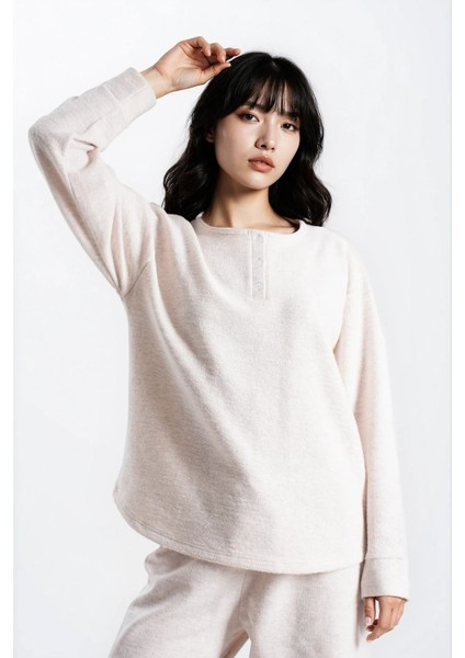 Kadın Taş Melanj Waffle Düğmeli Uzun Kol Pantolon Pşjama Takım