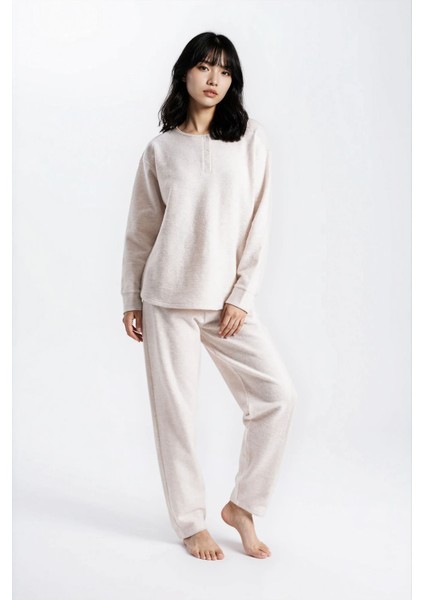 Kadın Taş Melanj Waffle Düğmeli Uzun Kol Pantolon Pşjama Takım modelleri