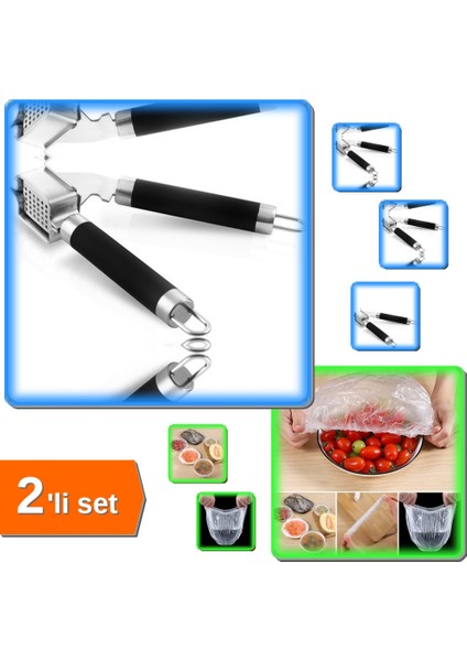 100 Adet Lastikli Tazeliği Koruyan Tencere Bonesi + Lüx Çelik Sarımsak Ezici - 2li Set DEF456