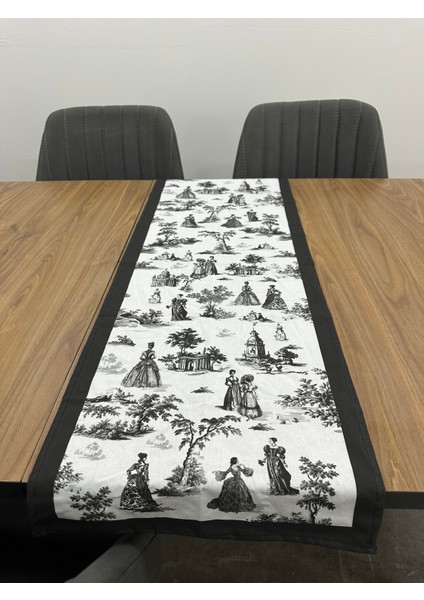 Toile De Jouy Paris Runner 40X110 cm | %100 Pamuk Dijital Baskılı Masa Örtüsü | Klasik Fransız Tarzı Masa Dekoru - ZT700