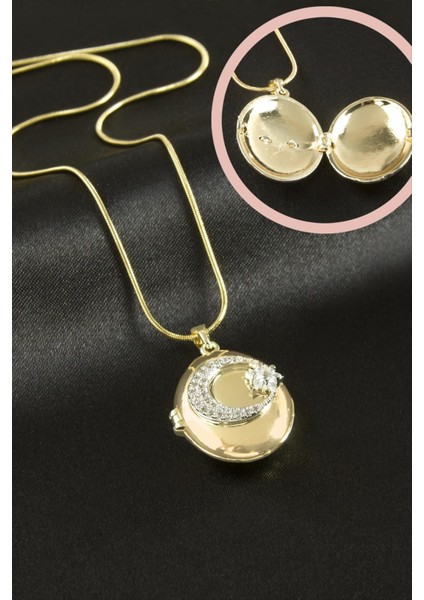 Ay Yıldız Zirkon Taşlı Kapaklı Lüks Çelik Kolye