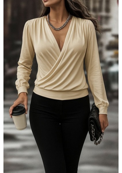 Kadın Uzun Kollu Kruvaze Yaka Sandy Bluz fiyatları