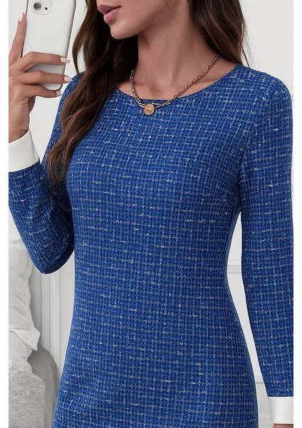 Kadın Uzun Kollu Yuvarlak Yaka Etek Ucu Şerit Detaylı Mini Dokuma Elbise fiyatları
