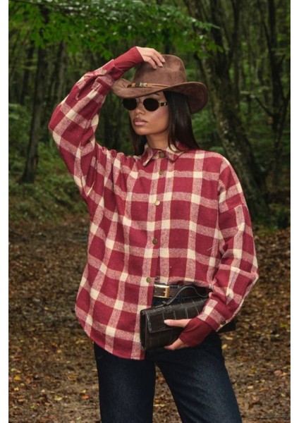 Pamuklu Ekose Oduncu Kadın Gömlek Oversize