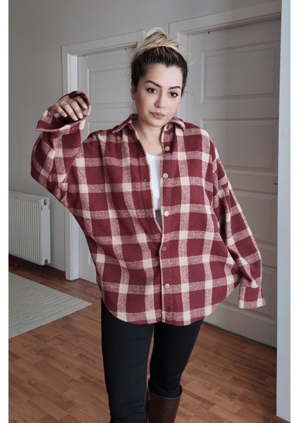 Pamuklu Ekose Oduncu Kadın Gömlek Oversize fırsatları