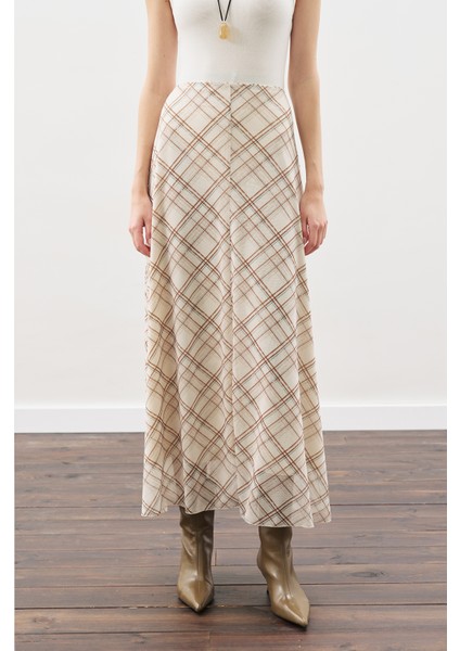 Desenli Tül Etek Bej Ekose