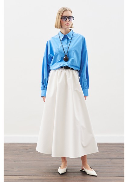 Crop Balon Form Gömlek Mavi