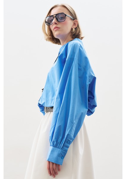 Crop Balon Form Gömlek Mavi