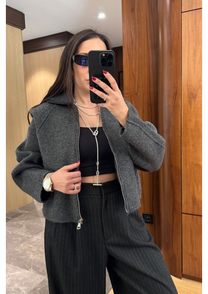 Triko Önü Cepli Premium Bomber Ceket- Antrasit modelleri