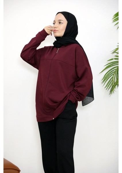 Kapşonlu Fermuar Detay Hırka-Bordo modelleri