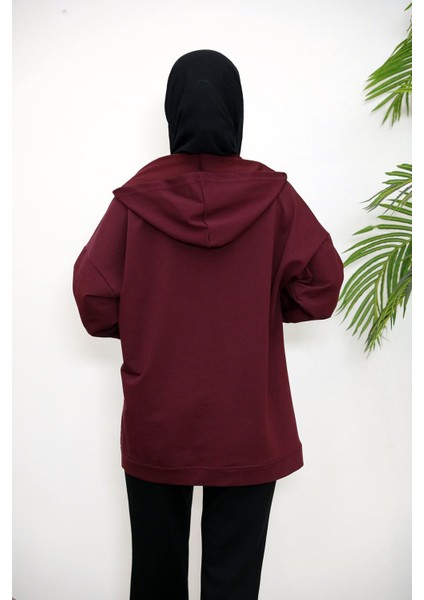 Kapşonlu Fermuar Detay Hırka-Bordo fırsatları