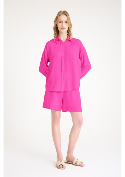 Yazlık Uzun Kol Gömlek Şort Keten Ikili Fuşya Takım modelleri