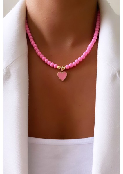 Pembe Cam Boncuk Kalp Uçlu Kolye