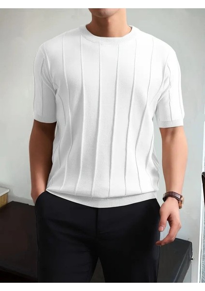 Erkek Kısa Kollu Bisiklet Yaka Çizgili Triko Tshirt