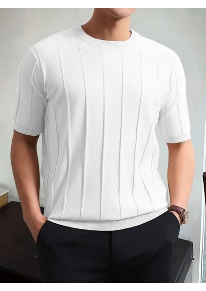 Erkek Kısa Kollu Bisiklet Yaka Çizgili Triko Tshirt fiyatları