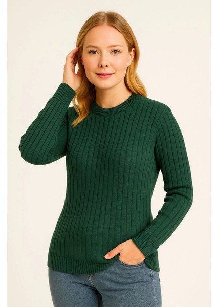 Bisiklet Yuvarlak Yaka Triko Kazak Pamuklu Kalın Fitilli Dokuma, Regular Fit Uzun Kollu Kışlık Model - Haki modelleri