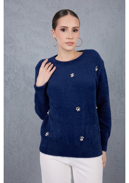 Kadın Koyu Laci Sakal Iplik Taş ve Inci Detaylı Bisiklet Yaka Triko Kazak fiyatları