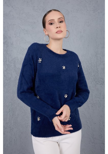 Kadın Koyu Laci Sakal Iplik Taş ve Inci Detaylı Bisiklet Yaka Triko Kazak modelleri