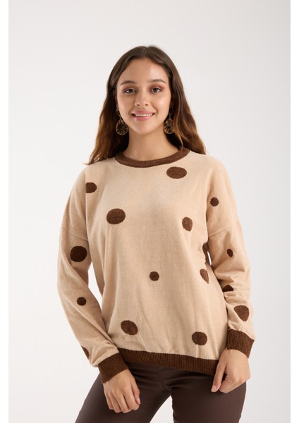 Kadın Krem Puantiyeli Şönil Kadife Bisiklet Yaka Triko Kazak