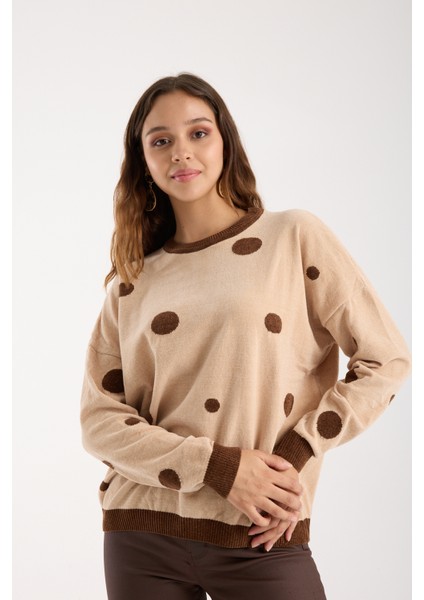 Kadın Krem Puantiyeli Şönil Kadife Bisiklet Yaka Triko Kazak fiyatları