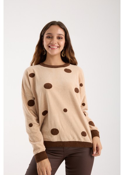 Kadın Krem Puantiyeli Şönil Kadife Bisiklet Yaka Triko Kazak modelleri