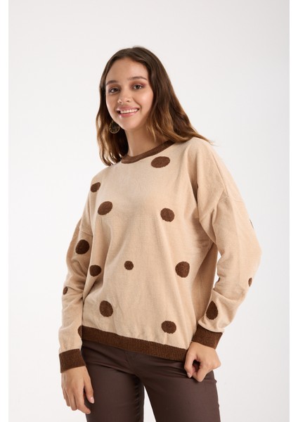 Kadın Krem Puantiyeli Şönil Kadife Bisiklet Yaka Triko Kazak indirimleri