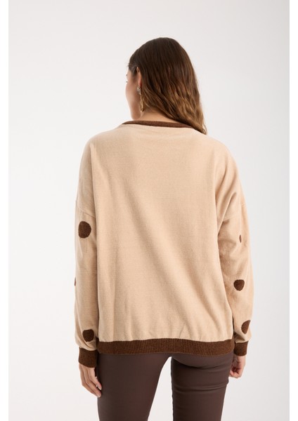 Kadın Krem Puantiyeli Şönil Kadife Bisiklet Yaka Triko Kazak