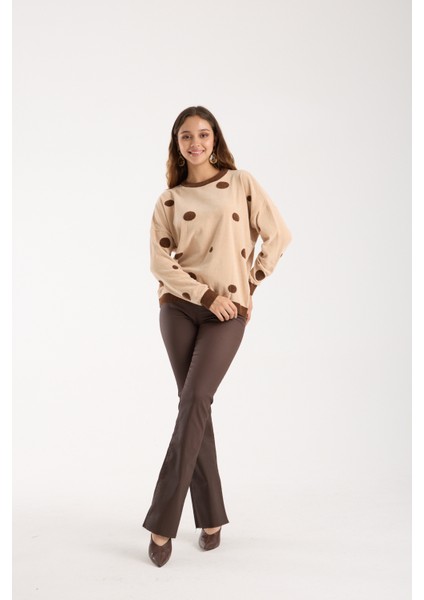 Kadın Krem Puantiyeli Şönil Kadife Bisiklet Yaka Triko Kazak