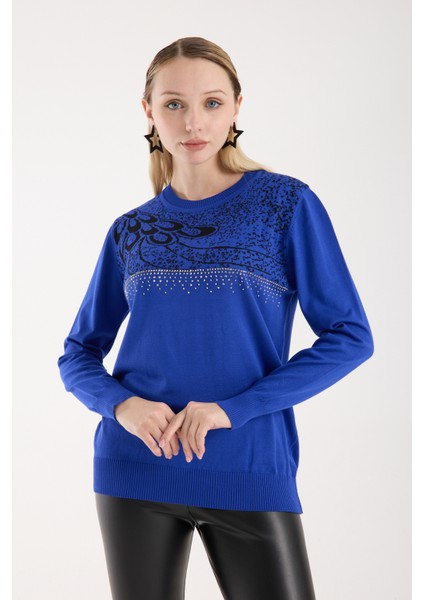 Kadın Saks Mavisi Elit Viskon Kumaş Taş Detaylı Bisiklet Yaka Triko Bluz