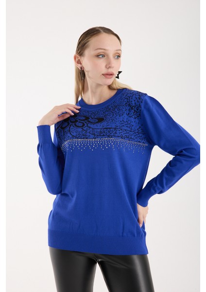 Kadın Saks Mavisi Elit Viskon Kumaş Taş Detaylı Bisiklet Yaka Triko Bluz fiyatları