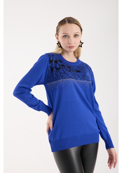 Kadın Saks Mavisi Elit Viskon Kumaş Taş Detaylı Bisiklet Yaka Triko Bluz modelleri