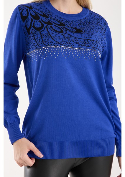 Kadın Saks Mavisi Elit Viskon Kumaş Taş Detaylı Bisiklet Yaka Triko Bluz fırsatları