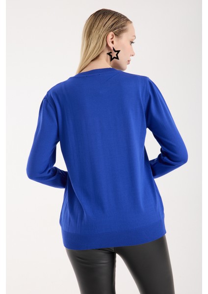 Kadın Saks Mavisi Elit Viskon Kumaş Taş Detaylı Bisiklet Yaka Triko Bluz indirimleri