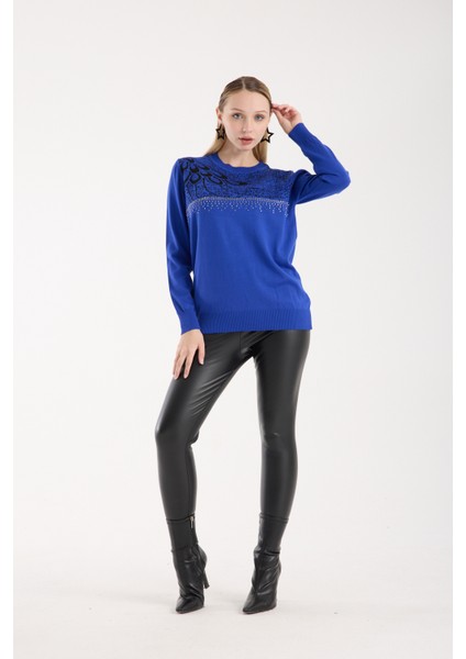 Kadın Saks Mavisi Elit Viskon Kumaş Taş Detaylı Bisiklet Yaka Triko Bluz