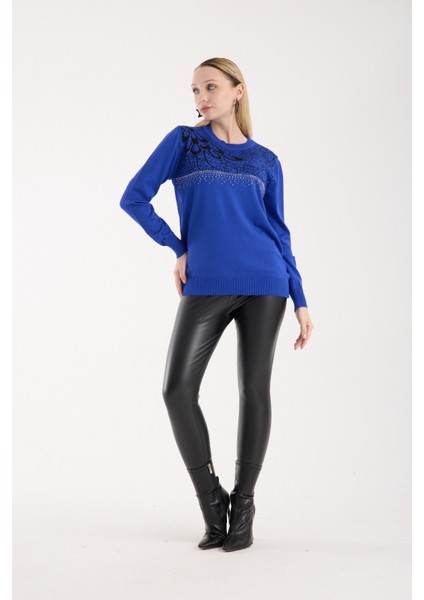 Kadın Saks Mavisi Elit Viskon Kumaş Taş Detaylı Bisiklet Yaka Triko Bluz