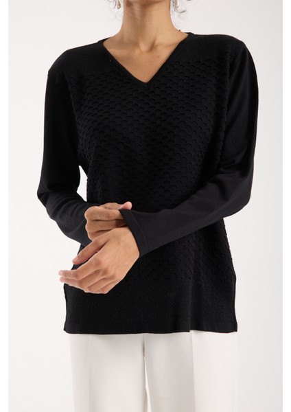 Kadın Siyah Viskon Kumaş V Yaka Simli Triko Bluz modelleri