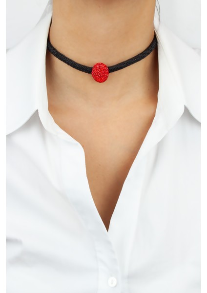 Kırmızı Kristal Taşlı Choker Kolye