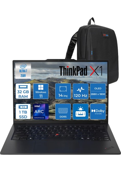 Thinkpad X1 5g Lte Carbon G13 Aura Edition Intel Core Ultra 7 258V 32GB Ddr5 1tb SSD Intel Arc 140V 14" 2.8k (2880X1800) OLED 500NITS 120hz W11P Premium Bilgisayar 21NS004MTXP10 + Zettaçanta