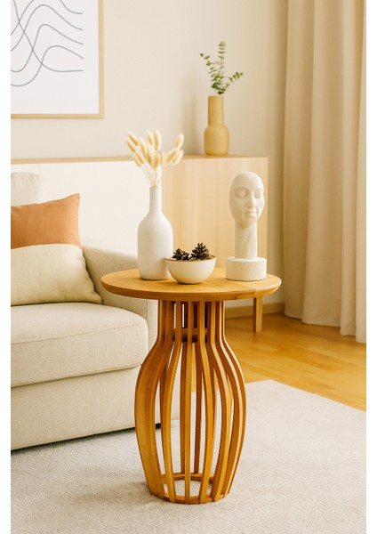 Palermo Yuvarlak Modern Klasik Rustik Retro Vintage Naturel Dekoratif Ahşap Çıtalı Yan Mantar Sehpa