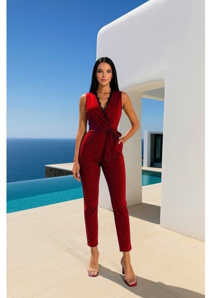 Kadın Kruvaze Yaka Dantel Güpür ve Kuşak Detay Tulum