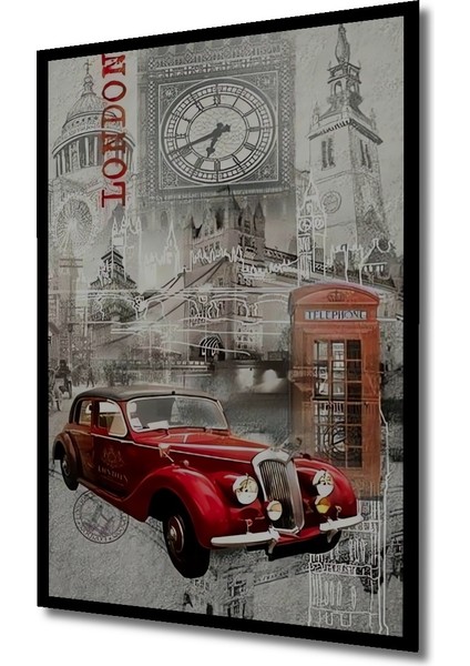 Londra Manzarası Siyah Beyaz Kara Kalem Görünümlü Dekoratif Ahşap Tablo Dikdörtgen Tablo indirimleri
